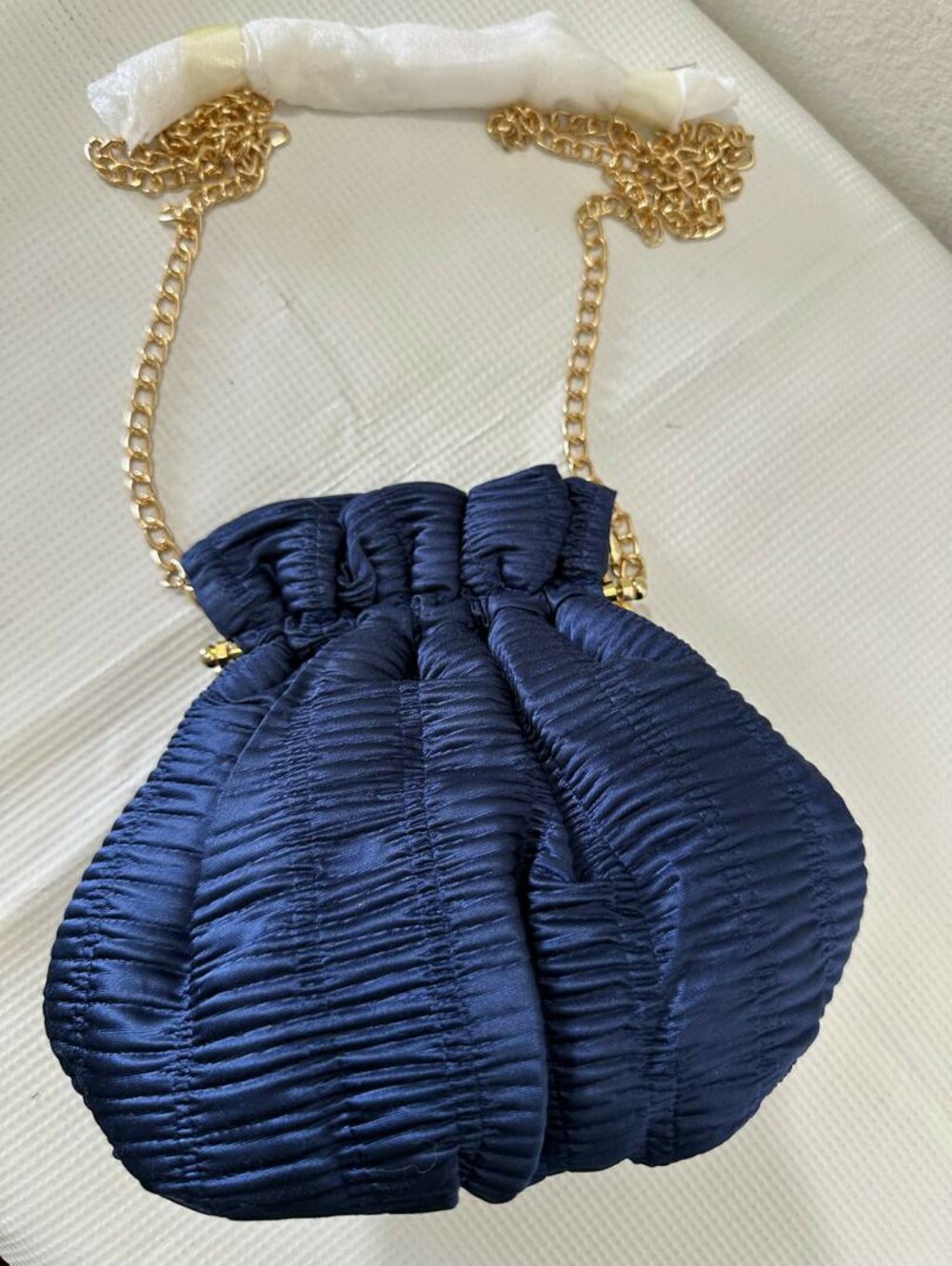 Stunning Navy Blue Ruching Satin Drawstring Crossbody Clutch Evening Purse - Picture 8 of 8